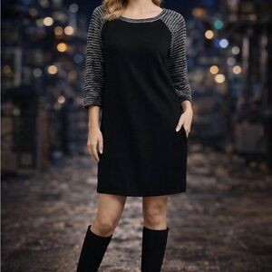 LOFT 3/4 Knit Boucle Tweed Raglan Sleeve Dress Career Business Stretch Black 6